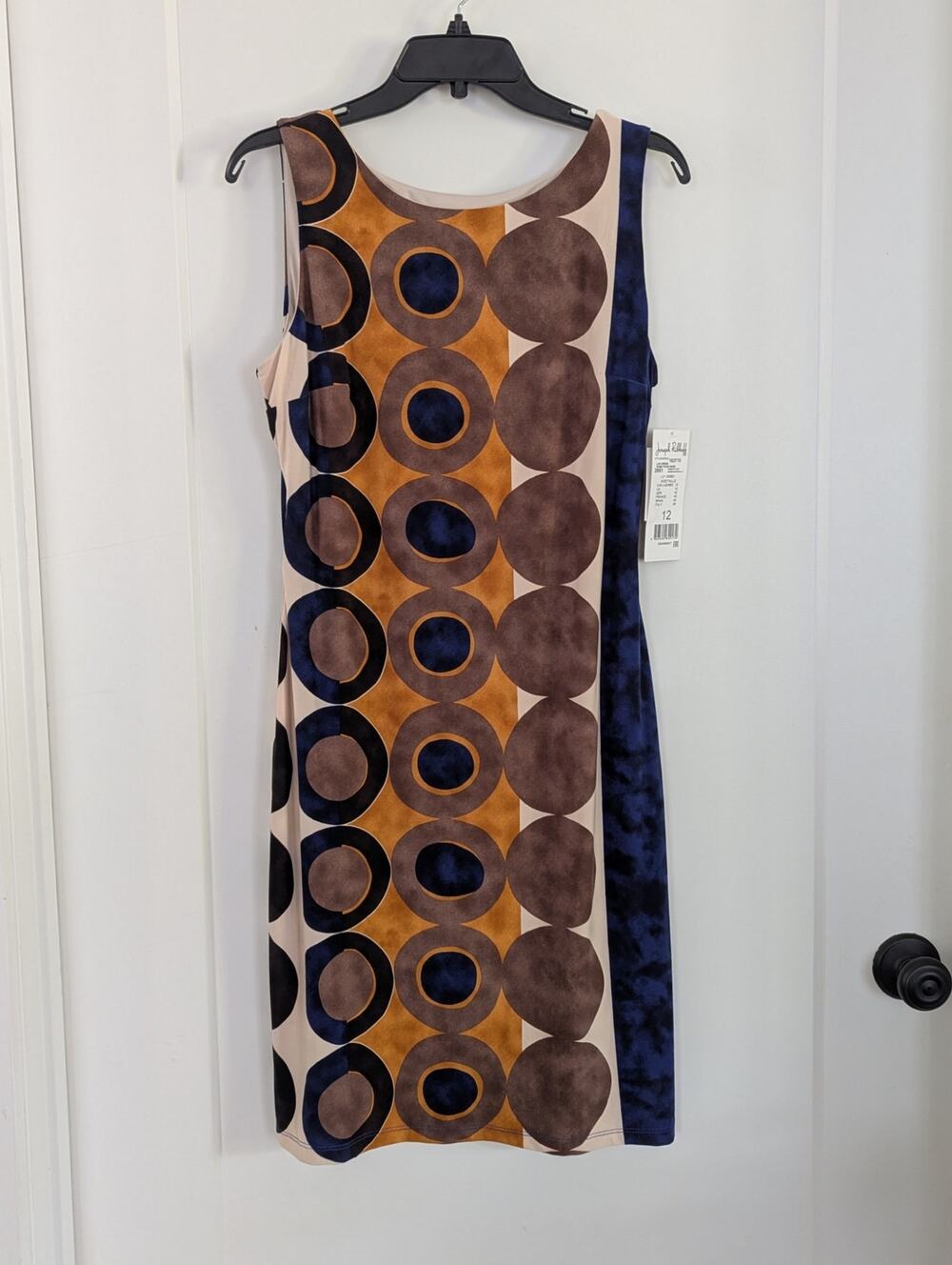 NWT Joseph Ribkoff Dress 12 Geometric Mod Polka Dot Beige Navy Rust MCM Retro
